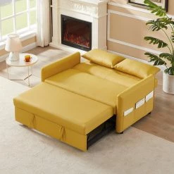 57 in. Yellow Modern Convertible Full Size Pull Out Faux Leather Sleeper Sofa Bed Reclining with Adjustable Backrest by KINWELL