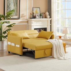 57 in. Yellow Modern Convertible Full Size Pull Out Faux Leather Sleeper Sofa Bed Reclining with Adjustable Backrest by KINWELL -Twin Star Home Sales Store yellow kinwell sofa beds bsc087 ye 66 1000